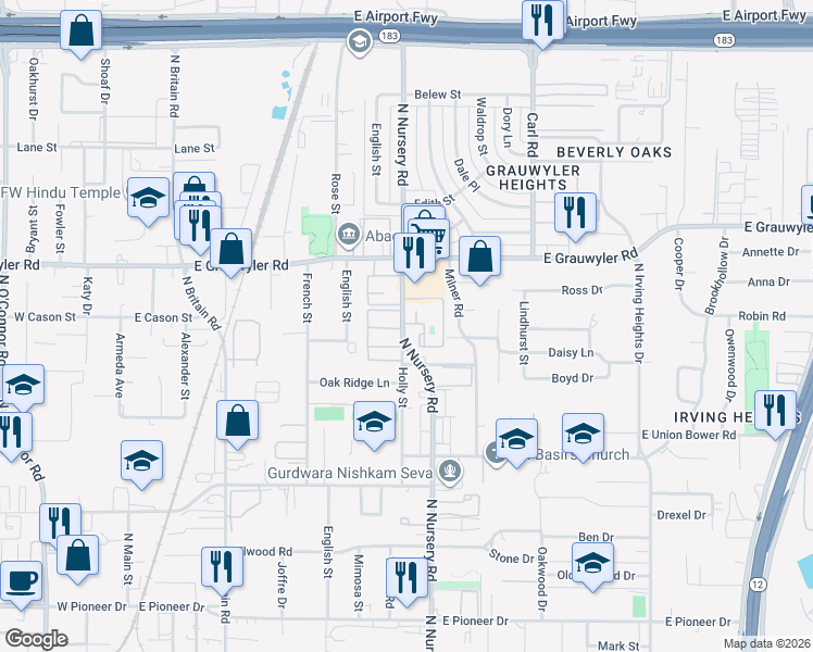 map of restaurants, bars, coffee shops, grocery stores, and more near 1325 North Nursery Road in Irving