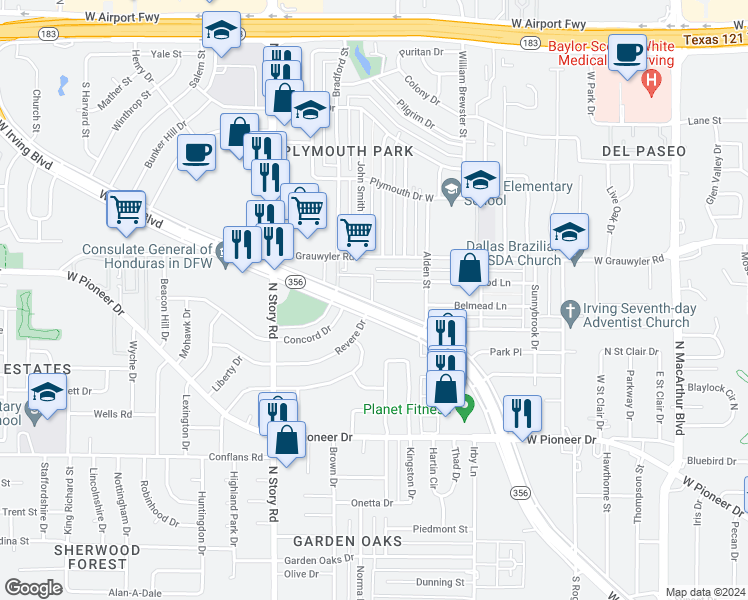 map of restaurants, bars, coffee shops, grocery stores, and more near 2021 West Irving Boulevard in Irving