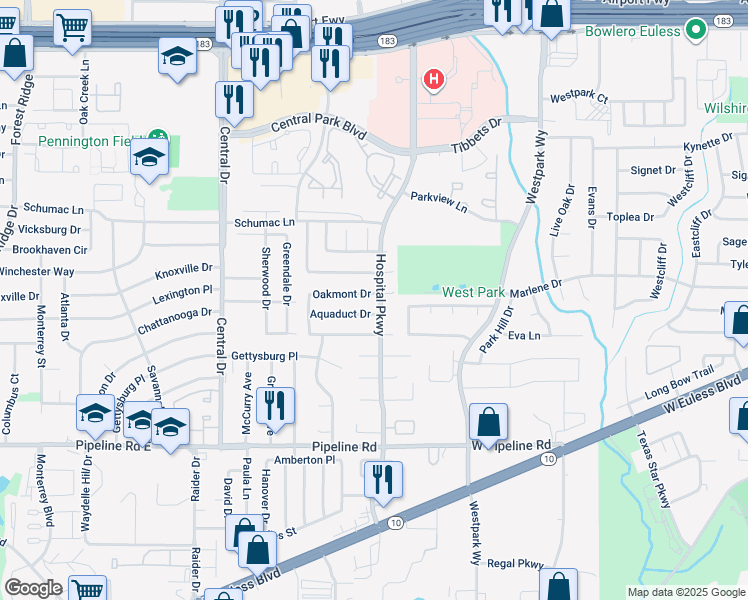 map of restaurants, bars, coffee shops, grocery stores, and more near 2600 Oakmont Court in Bedford