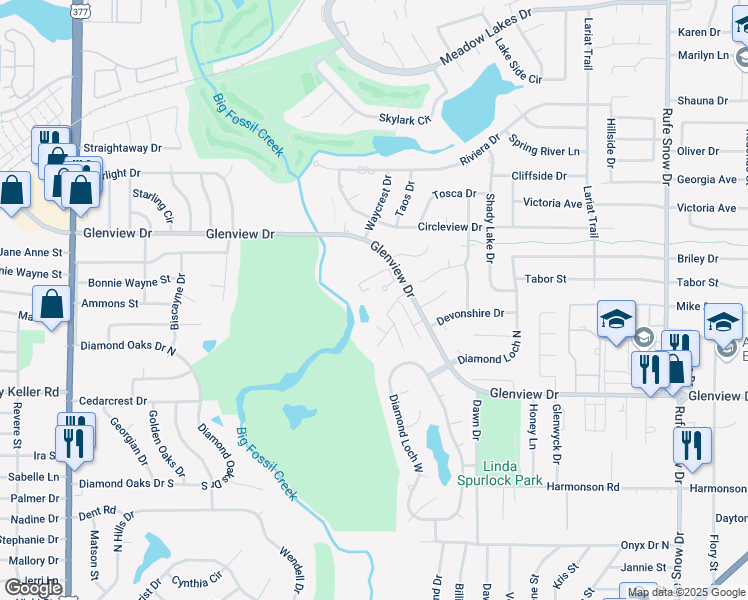 map of restaurants, bars, coffee shops, grocery stores, and more near 6150 Glenview Drive in North Richland Hills