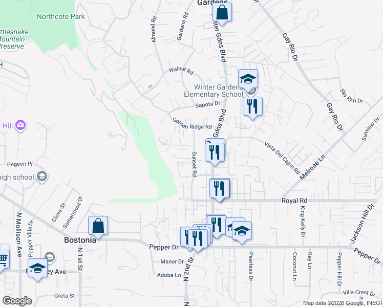 map of restaurants, bars, coffee shops, grocery stores, and more near 8254 Sunset Road in Lakeside