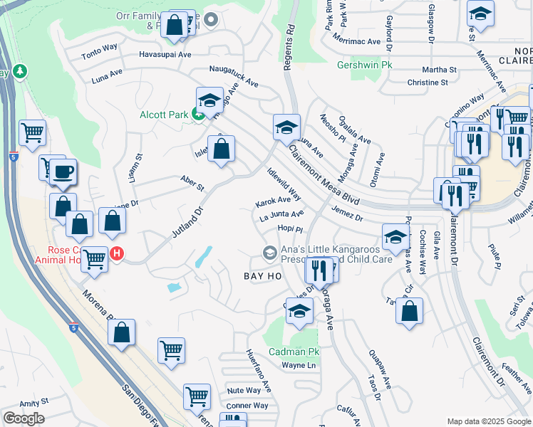 map of restaurants, bars, coffee shops, grocery stores, and more near 3320 La Junta Avenue in San Diego
