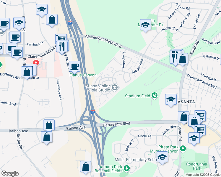 map of restaurants, bars, coffee shops, grocery stores, and more near 9845 Rimpark Way in San Diego