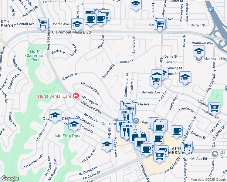 map of restaurants, bars, coffee shops, grocery stores, and more near 4657 Chateau Place in San Diego