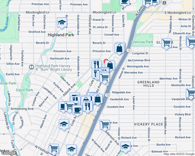map of restaurants, bars, coffee shops, grocery stores, and more near 3100 Monticello Avenue in Dallas