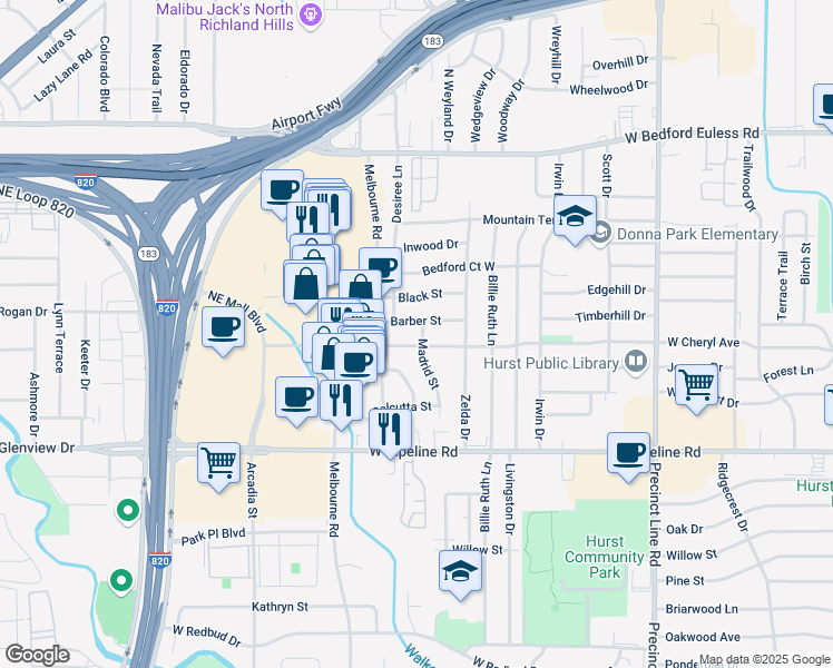 map of restaurants, bars, coffee shops, grocery stores, and more near 1005 Madrid Street in Hurst