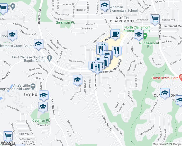 map of restaurants, bars, coffee shops, grocery stores, and more near 3745 Clairemont Mesa Boulevard in San Diego