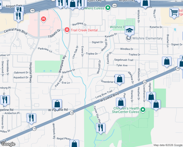 map of restaurants, bars, coffee shops, grocery stores, and more near 1912 Westcliff Drive in Euless