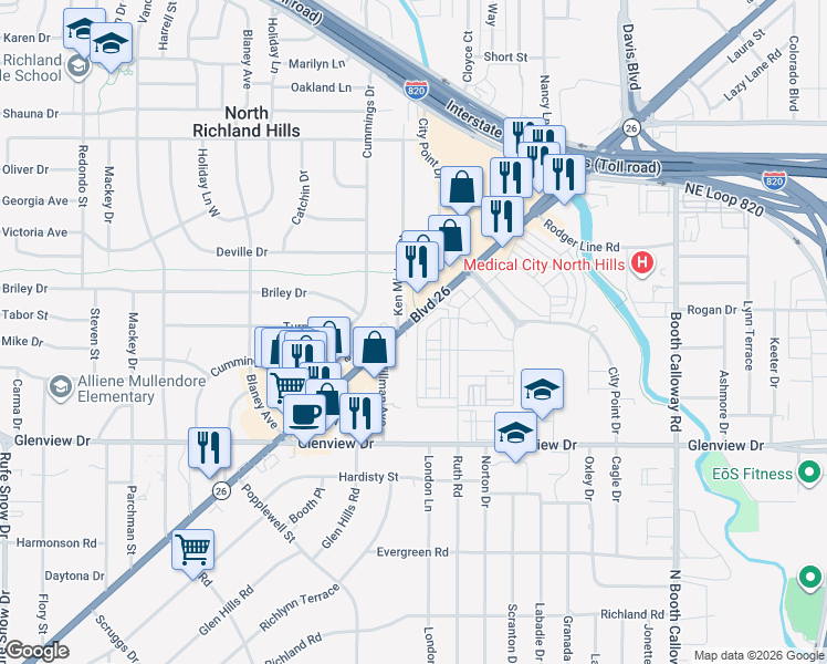 map of restaurants, bars, coffee shops, grocery stores, and more near 7550 Boulevard 26 in Richland Hills