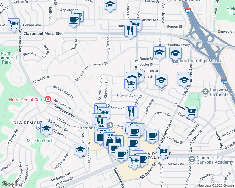 map of restaurants, bars, coffee shops, grocery stores, and more near 5114 Bellvale Avenue in San Diego