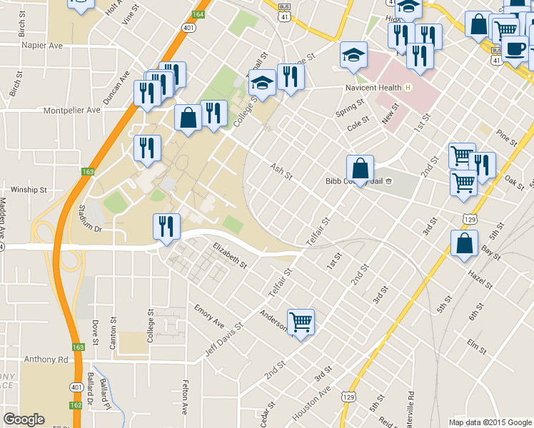 map of restaurants, bars, coffee shops, grocery stores, and more near 1464 Calhoun Street in Macon