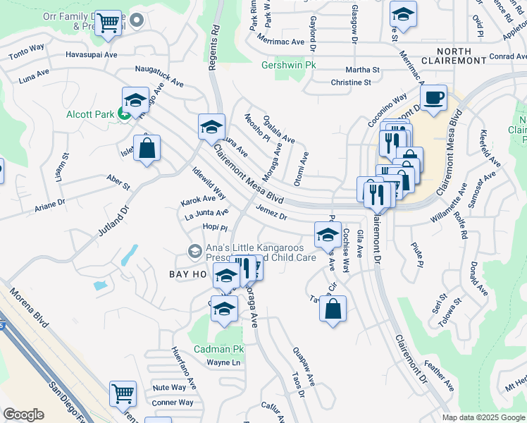 map of restaurants, bars, coffee shops, grocery stores, and more near 3429 Jemez Drive in San Diego