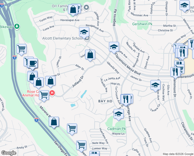 map of restaurants, bars, coffee shops, grocery stores, and more near 3257 Karok Avenue in San Diego