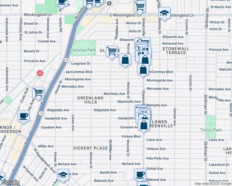 map of restaurants, bars, coffee shops, grocery stores, and more near 5513 Merrimac Avenue in Dallas