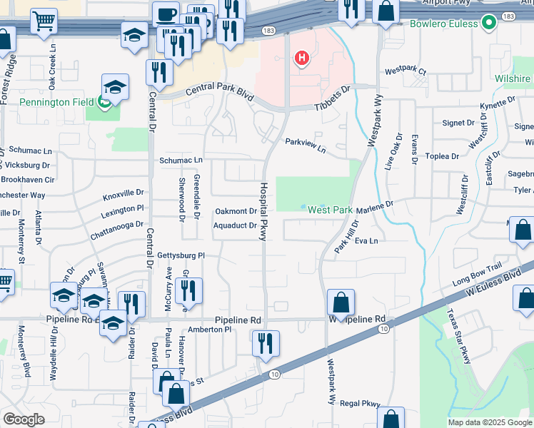 map of restaurants, bars, coffee shops, grocery stores, and more near 2600 Oakmont Court in Bedford