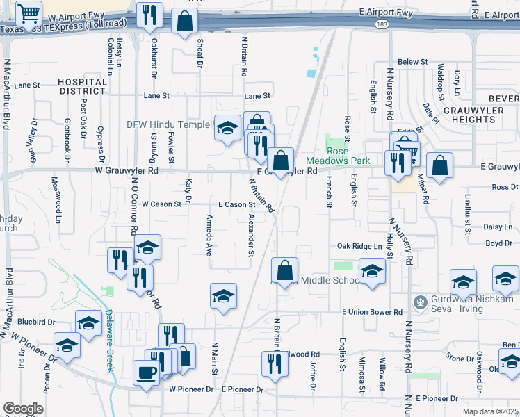 map of restaurants, bars, coffee shops, grocery stores, and more near 308 East Cason Street in Irving