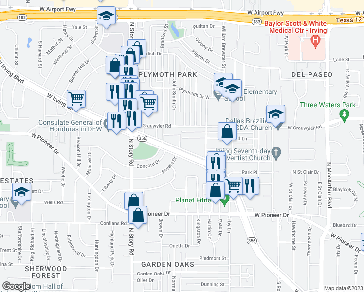 map of restaurants, bars, coffee shops, grocery stores, and more near 2021 W Irving Blvd in Irving