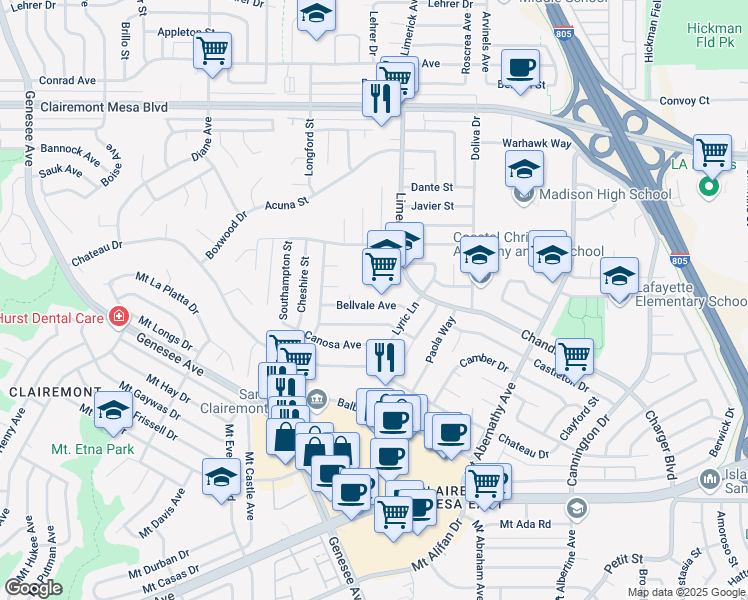 map of restaurants, bars, coffee shops, grocery stores, and more near 5146 Bellvale Avenue in San Diego