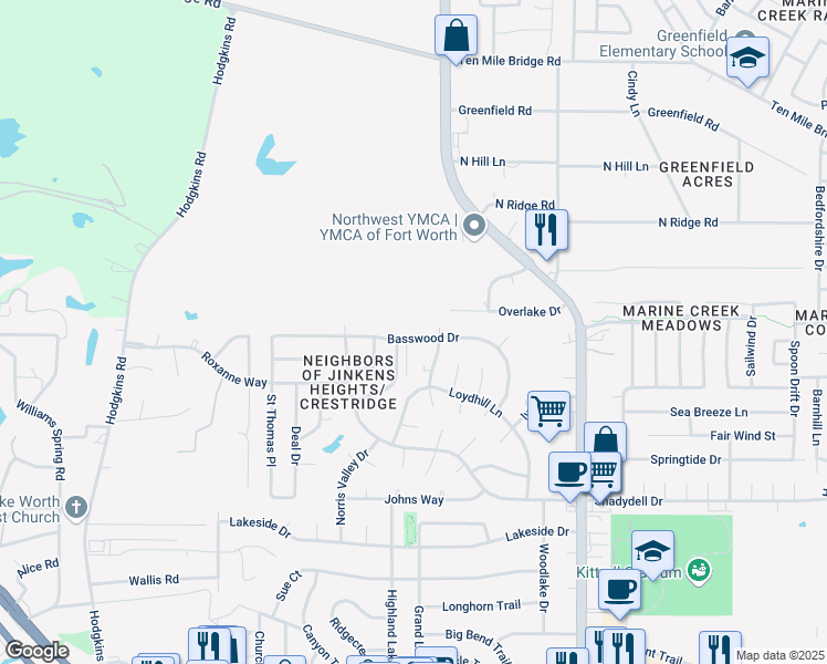 map of restaurants, bars, coffee shops, grocery stores, and more near 6416 Basswood Drive in Fort Worth
