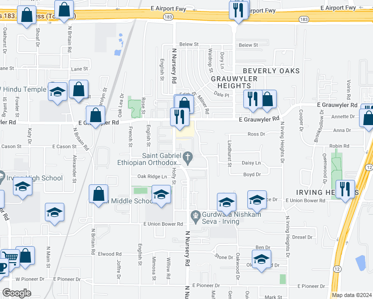 map of restaurants, bars, coffee shops, grocery stores, and more near 1306 North Nursery Road in Irving