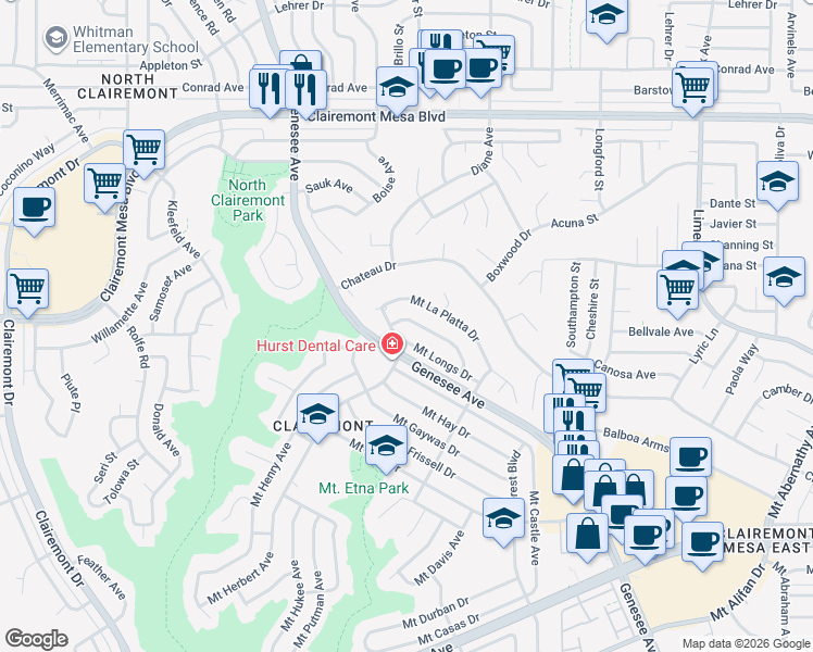 map of restaurants, bars, coffee shops, grocery stores, and more near 4723 Mount La Palma Drive in San Diego