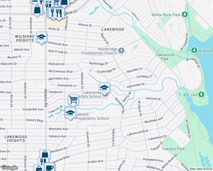 map of restaurants, bars, coffee shops, grocery stores, and more near 6790 Wendover Road in Dallas