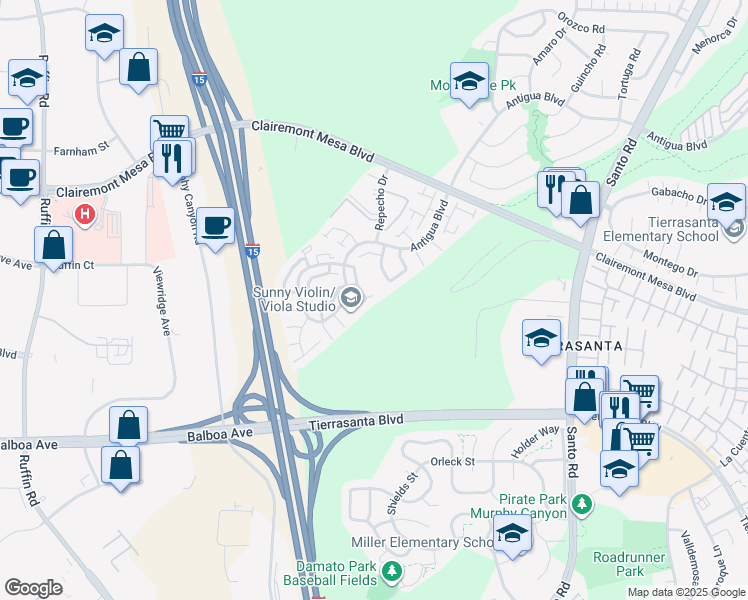 map of restaurants, bars, coffee shops, grocery stores, and more near 9917 Park Crest Lane in San Diego