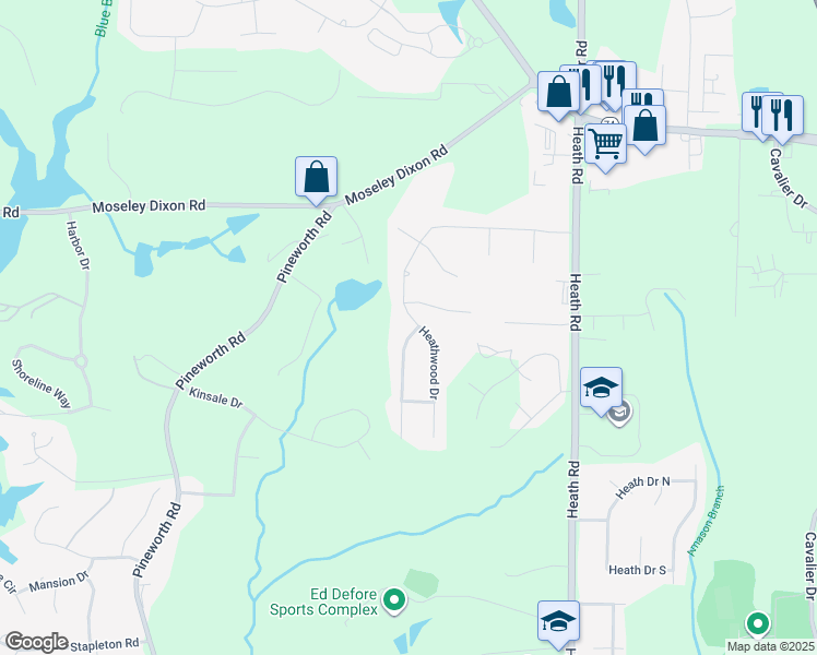 map of restaurants, bars, coffee shops, grocery stores, and more near 300 Heathwood Drive in Macon