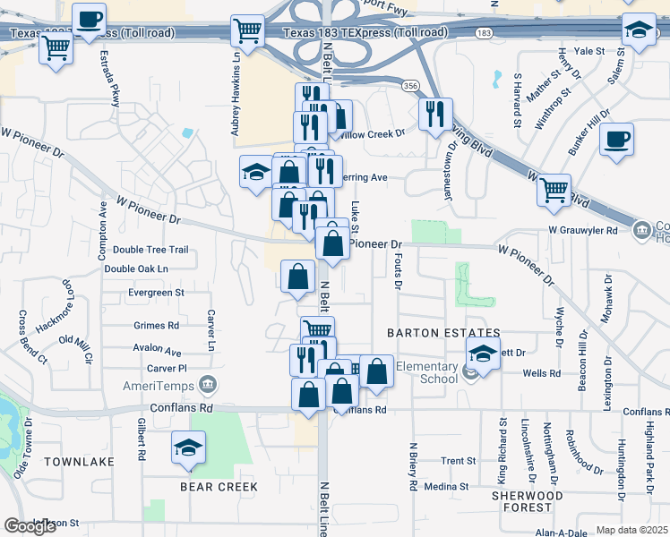 map of restaurants, bars, coffee shops, grocery stores, and more near 1234 North Belt Line Road in Irving