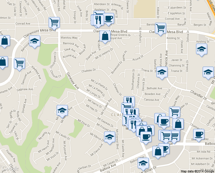 map of restaurants, bars, coffee shops, grocery stores, and more near 4862 Mount La Platta Drive in San Diego