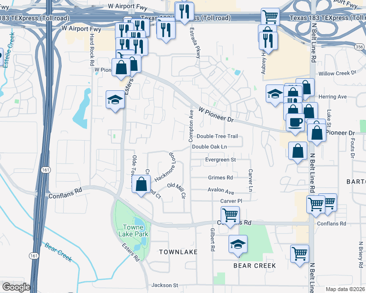map of restaurants, bars, coffee shops, grocery stores, and more near 4105 Double Oak Lane in Irving