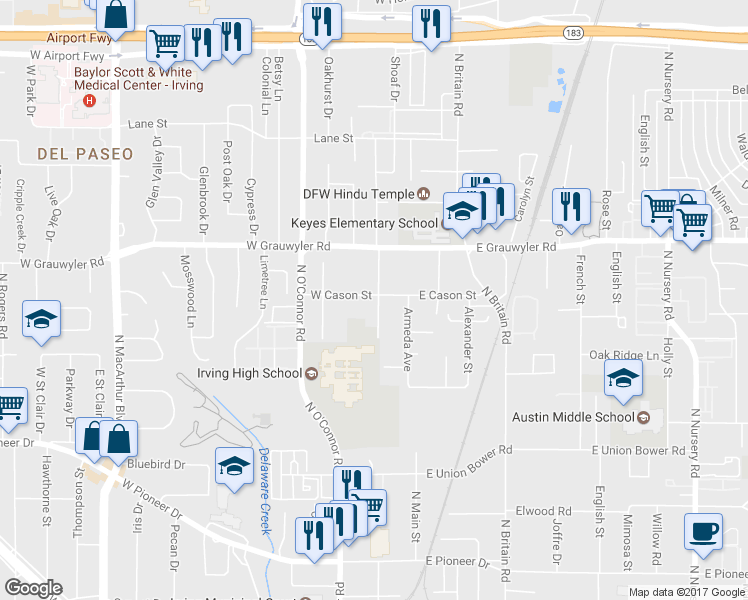 map of restaurants, bars, coffee shops, grocery stores, and more near 1221 Katy Drive in Irving