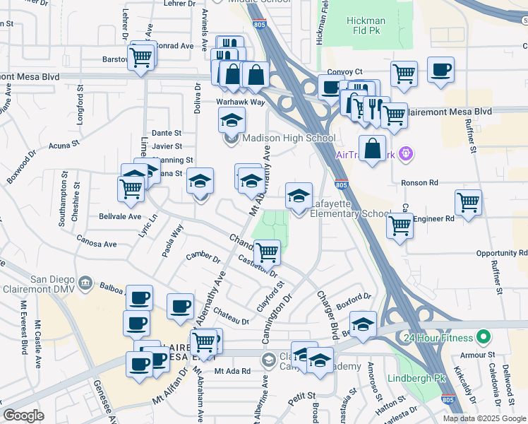 map of restaurants, bars, coffee shops, grocery stores, and more near 5951 Printwood Way in San Diego
