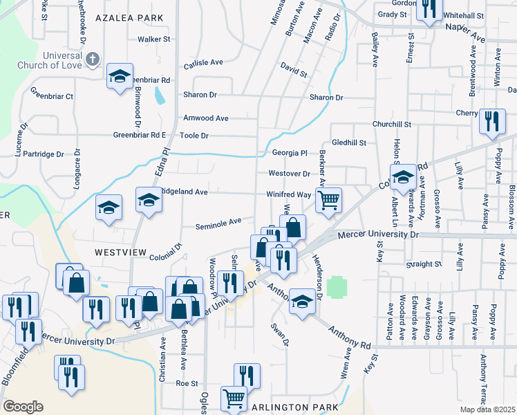 map of restaurants, bars, coffee shops, grocery stores, and more near 1540 Burton Avenue in Macon