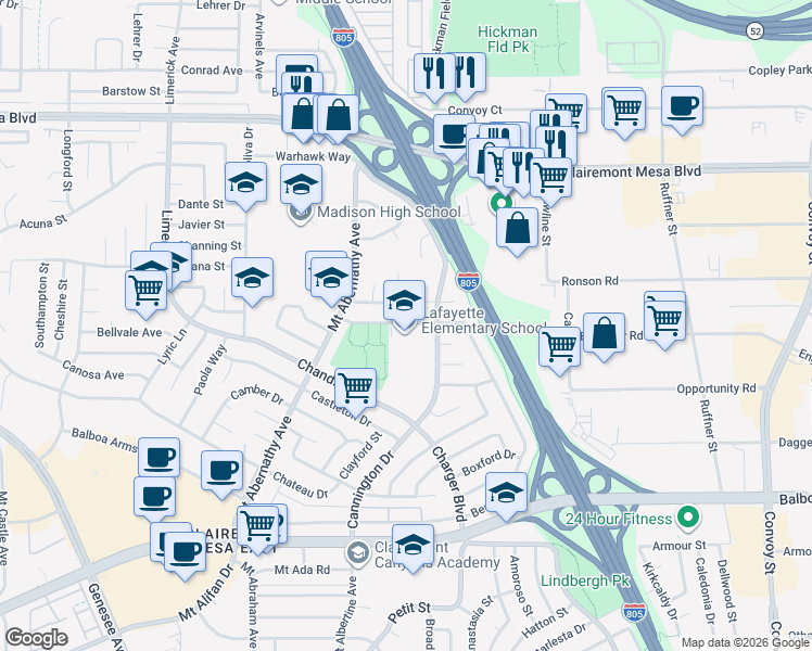 map of restaurants, bars, coffee shops, grocery stores, and more near 4721 Printwood Court in San Diego