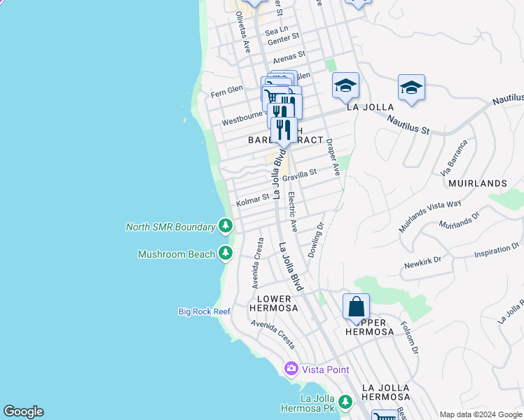 map of restaurants, bars, coffee shops, grocery stores, and more near 338 Rosemont Street in San Diego