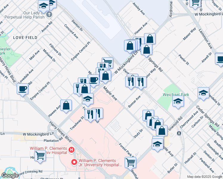 map of restaurants, bars, coffee shops, grocery stores, and more near 6400 Maple Avenue in Dallas