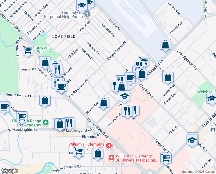 map of restaurants, bars, coffee shops, grocery stores, and more near 6719 Heartsill Drive in Dallas