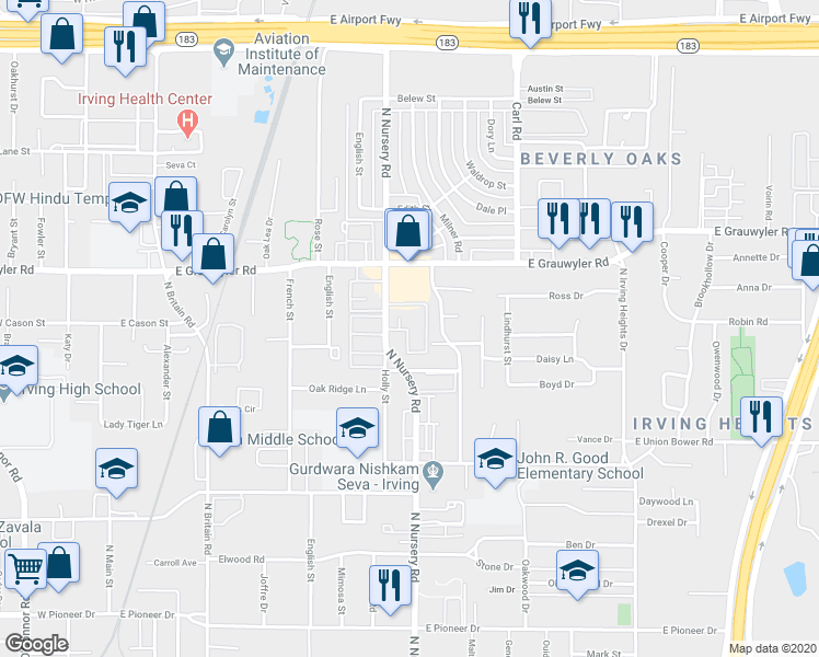 map of restaurants, bars, coffee shops, grocery stores, and more near 1306 North Nursery Road in Irving