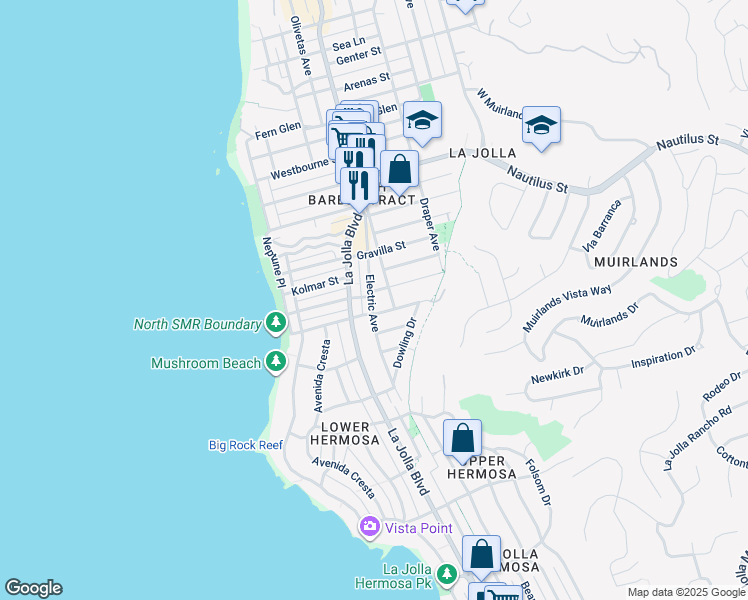 map of restaurants, bars, coffee shops, grocery stores, and more near 6529 Electric Avenue in San Diego