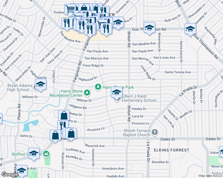 map of restaurants, bars, coffee shops, grocery stores, and more near 2520 Andrea Lane in Dallas