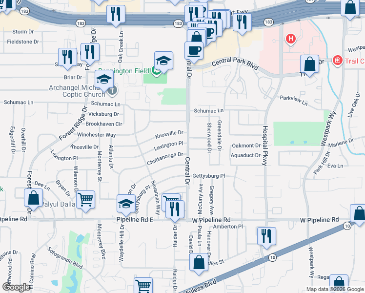 map of restaurants, bars, coffee shops, grocery stores, and more near 2020 Lexington Place in Bedford
