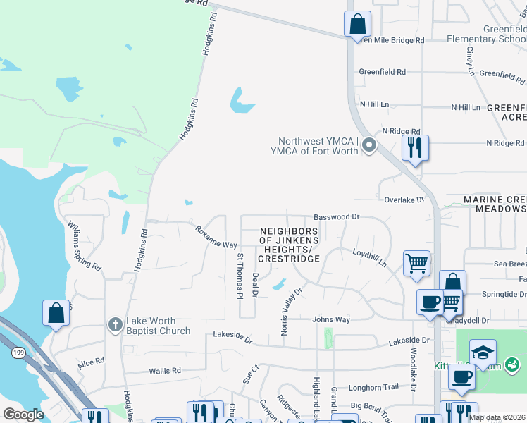 map of restaurants, bars, coffee shops, grocery stores, and more near 6700 Basswood Drive in Fort Worth