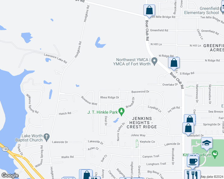 map of restaurants, bars, coffee shops, grocery stores, and more near 6616 Basswood Drive in Fort Worth