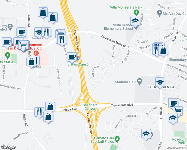 map of restaurants, bars, coffee shops, grocery stores, and more near 9767 Apple Tree Drive in San Diego