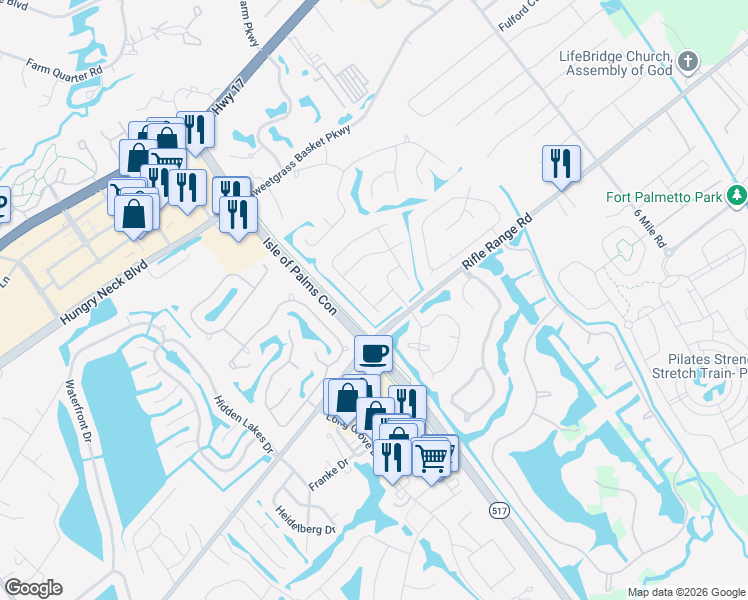 map of restaurants, bars, coffee shops, grocery stores, and more near 2043 Infantry Drive in Mount Pleasant