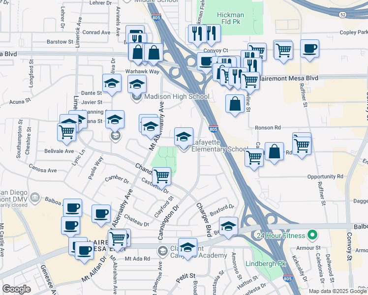 map of restaurants, bars, coffee shops, grocery stores, and more near 6125 Printwood Way in San Diego