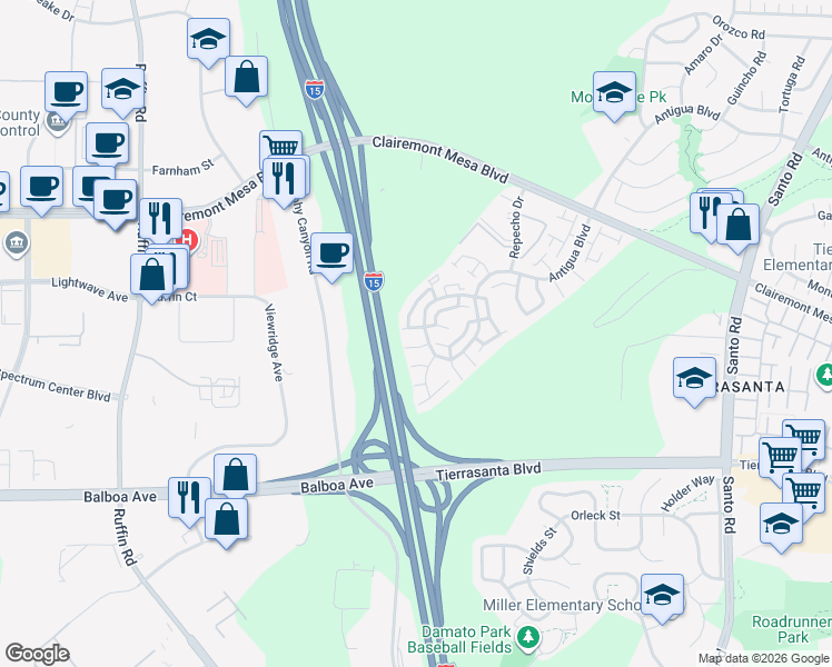 map of restaurants, bars, coffee shops, grocery stores, and more near 9767 Apple Tree Drive in San Diego