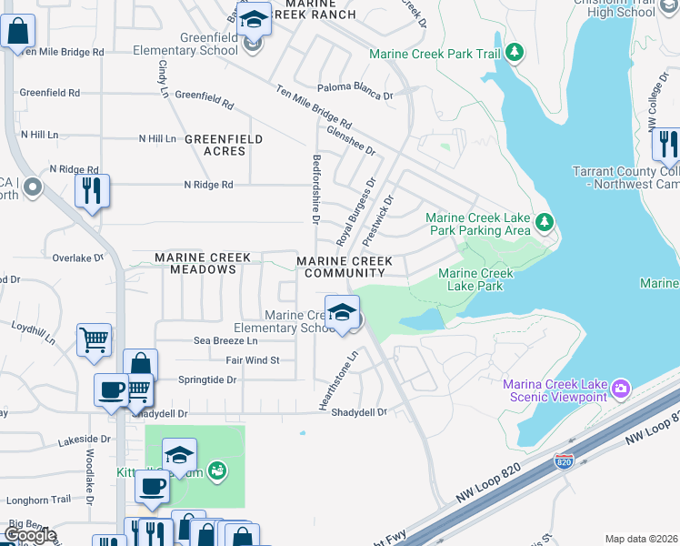 map of restaurants, bars, coffee shops, grocery stores, and more near 5501 Penwell Drive in Fort Worth