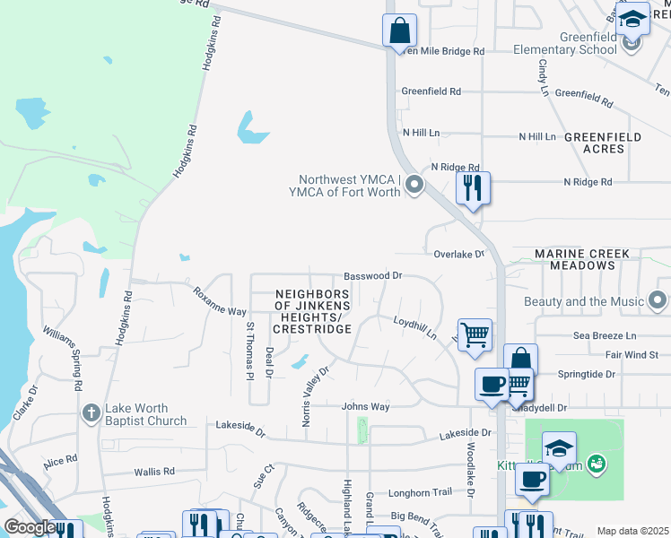 map of restaurants, bars, coffee shops, grocery stores, and more near 6512 Basswood Drive in Fort Worth